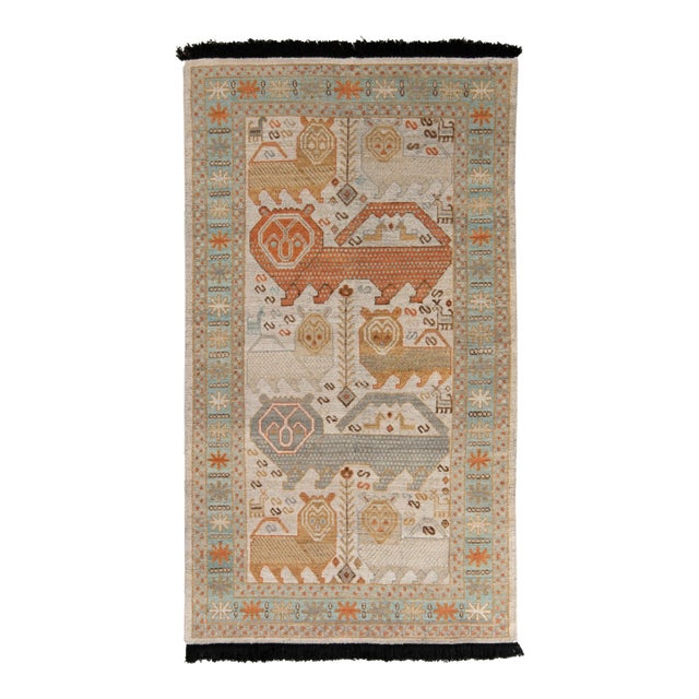 Handknotted Tiger Rug with Black Fringe, Cream, 6'x12' For Sale