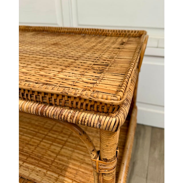 Late 20th Century Vintage Bamboo, Rattan & Wicker Two-Tier Console Display Table With Tray Top For Sale - Image 5 of 15