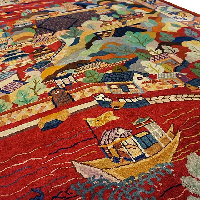 1920s 1920s Red Landscape Scene Antique Chinese Art Deco Rug 9'x11' 9" Nichols Workshop Carpet For Sale - Image 5 of 12