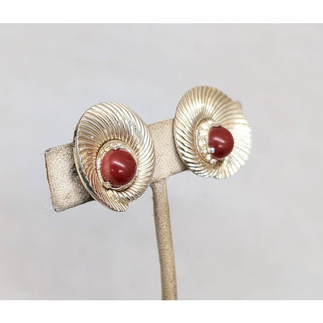 Vintage 1950s Signed Boucher Round Goldtone Faux-Carnelian Cabochon Clip Earrings-2 Pieces For Sale - Image 9 of 11