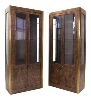 Burl Wood, Brass and Glass Showcase Curio Cabinets - A Pair