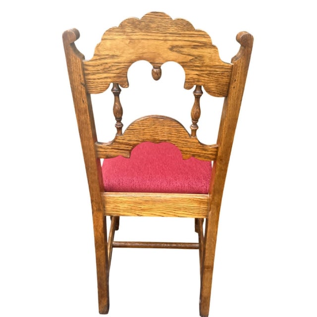 Spanish Revival Antique Spanish Revival Oak Dining Chairs With New Burgundy Seat Upholstery - Set of 4 - Circa 1920s For Sale - Image 3 of 4