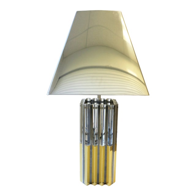 70s Modern Brass Chrome & Lucite Table Lamp, Circa 1970s, After Charles Hollis Jones For Sale