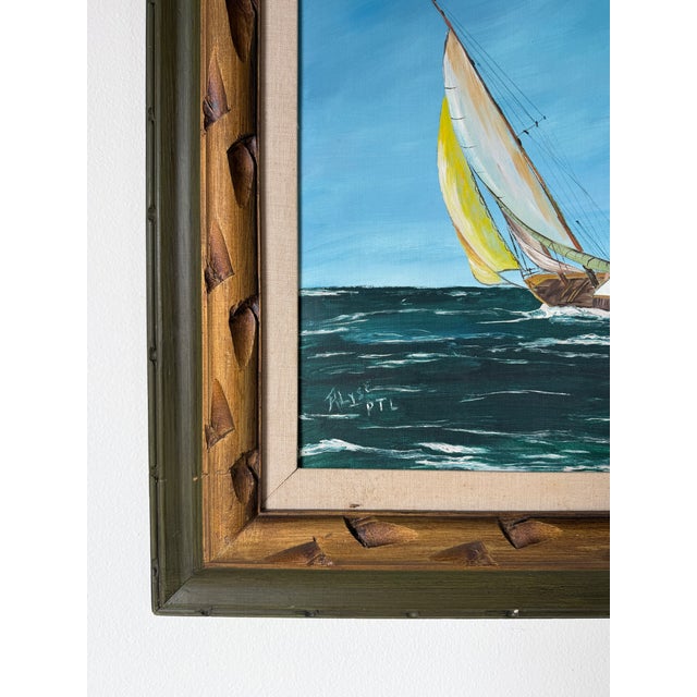 Vintage Sailboat Seascape Oil Painting on Board – Framed For Sale - Image 9 of 15