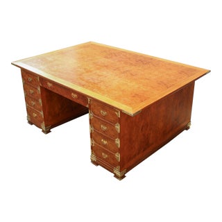 Mid-20th C. Asian Teak & Burl Wood Tansu Campaign Style Double Partners Desk For Sale