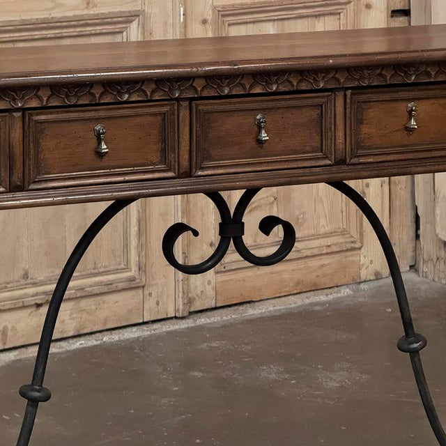 Mid Century Spanish Walnut Sofa Table ~ Console With Hand Forged Iron Stretcher For Sale In Dallas - Image 6 of 18