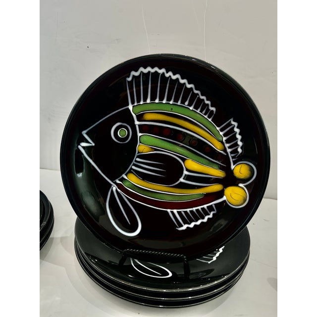 1950s French Robert Picault Black Glazed Ceramic Fish Vallauris Set 15 Pieces For Sale - Image 5 of 13