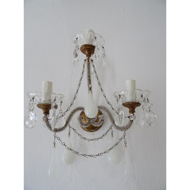 Baroque 1900 French White Opaline Murano Drops Micro Beaded Crystal Sconces 3 Lights For Sale - Image 3 of 12