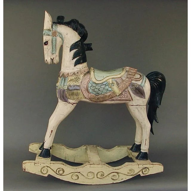 Vintage 1930s Polychromed Carved Wood Rocking Horse For Sale - Image 4 of 7
