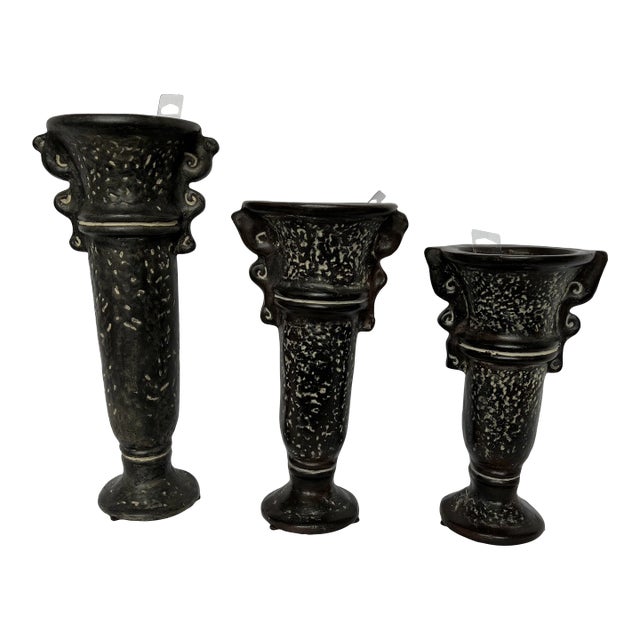 1990s Black Clay Candlesticks - Set of 3 For Sale