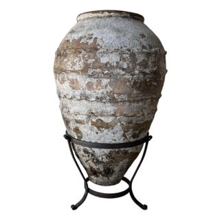 Vintage Mediterranean-Style Terracotta Storage Jar on Wrought Iron Stand For Sale
