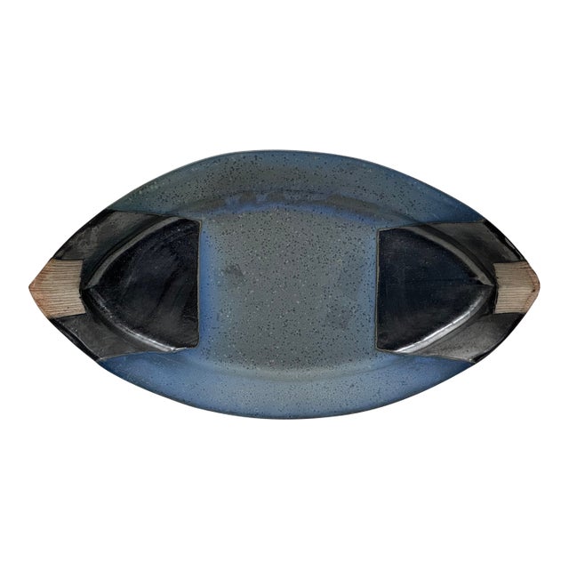 Vintage Southwestern Style Stoneware Platter, Blues & Black For Sale