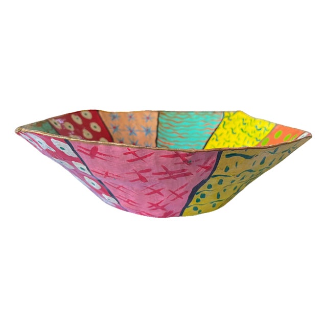 Handmade Papier-Mâché Decorative Bowl – Colorful Folk Art / Memphis Style For Sale