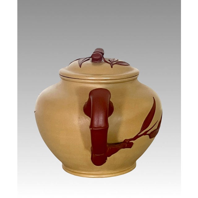 Vintage Bamboo Yixing Zisha Chinese Unglazed Tea Pot With Bamboo Handle & Spout For Sale - Image 4 of 9