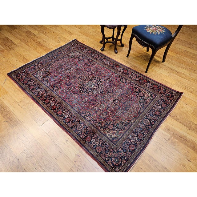 1900 - 1909 Vintage Persian Kashan Rug, Hand-Knotted Wool & Cotton, Floral Pattern, Red & Navy, 4x6 For Sale - Image 5 of 18