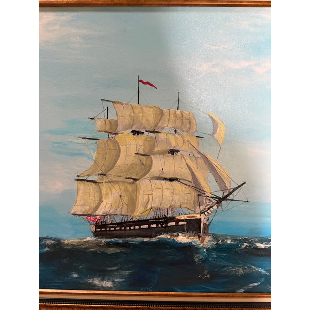 Navy Blue 2018 Signed "Brennan" Folk Art Maritime Sailing Ship Painting in Ornate Frame For Sale - Image 8 of 17