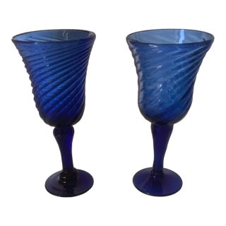 1970s Hand Blown Cobalt Goblets - a Pair For Sale
