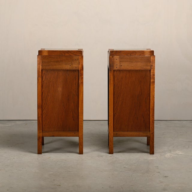Brown Art Deco Amsterdam School Nightstands in Oak and Glass, 1930s, Set of 2 For Sale - Image 8 of 18