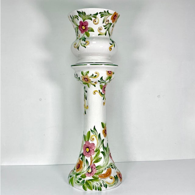 Vintage Majolica Hollywood Regency Art Nouveau Mediterranean Jardine Planter & Stand - Set of 2, Portugal For Sale - Image 10 of 14