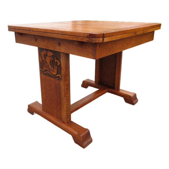 Antique Arts & Crafts Nautical Oak Draw Leaf Dining Table W/ Ship Carvings For Sale