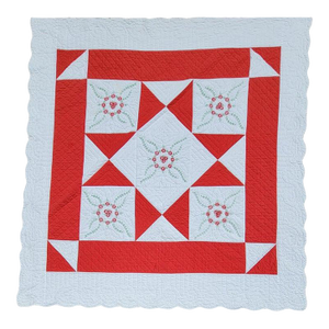 19thc Red and White Eight Point Star Quilt W/Applique Flowers