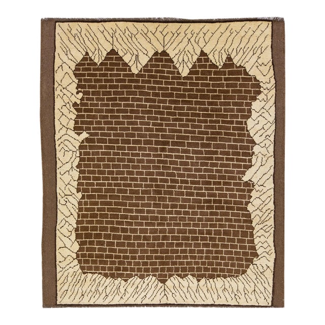 Transitional Art Deco Style Handmade Brown Pattern Wool Rug For Sale
