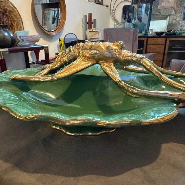 1950s Green and Gold Ceramic Centerpiece by Maioliche Artistiche Sestesi For Sale - Image 9 of 14