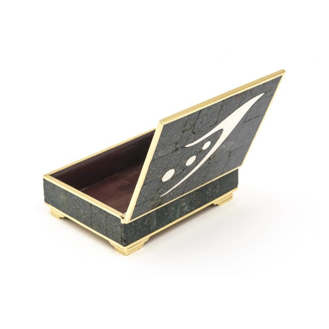 1950s Vintage Sigi Pieneda Hinged Box With Brass, Rosewood, Silver, Sodalite, Turquoise Crushed Stone 1950's For Sale - Image 5 of 11