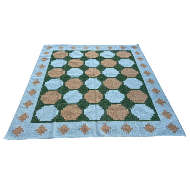 Handwoven New Zealand Wool, Natural Vegetable Dyed, Sky Blue, Beige And Forest Green Swedish Tile Indian Rug- 78"x88"...