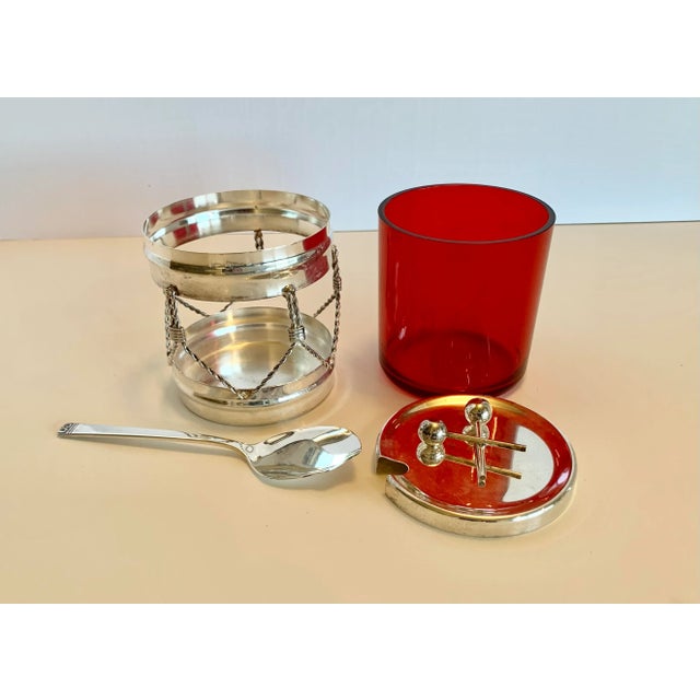 1970s 1970s Silver Plated and Ruby Red "Drum" Jam Jar and Serving Spoon For Sale - Image 5 of 7