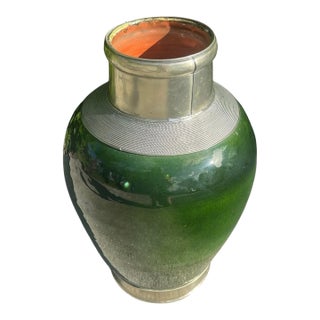 Vintage Signed Safi Tensift Moroccan Green Glazed Pottery Vase With Metal Mounts For Sale