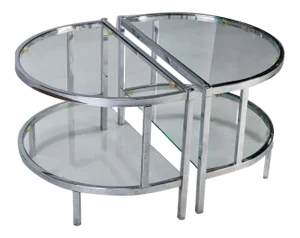 Mid Century Demilune Chrome & Glass Side Tables - Pair