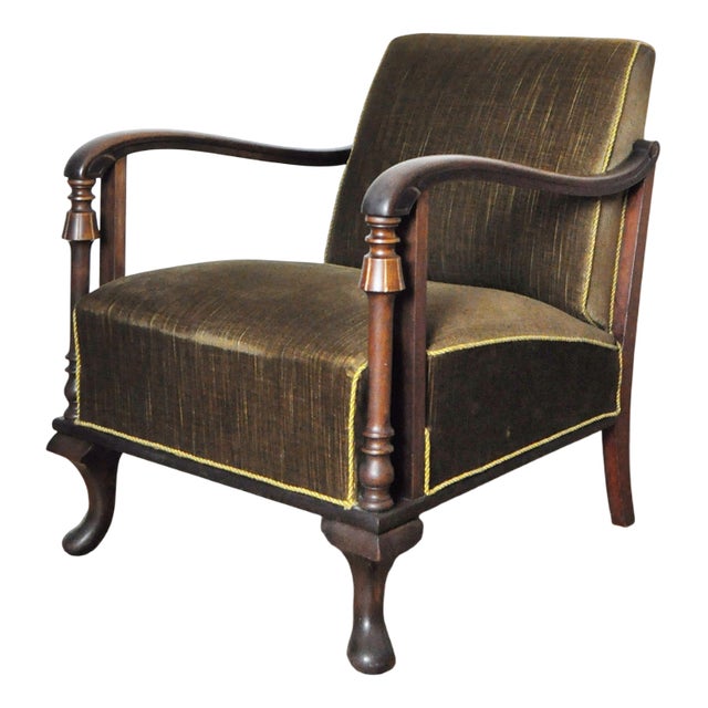 Danish Art Deco Green Velvet Lounge Chair, 1930s For Sale