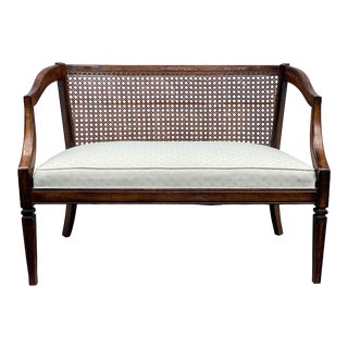 Vintage Mahogany and Rattan Back Paneled Settee For Sale