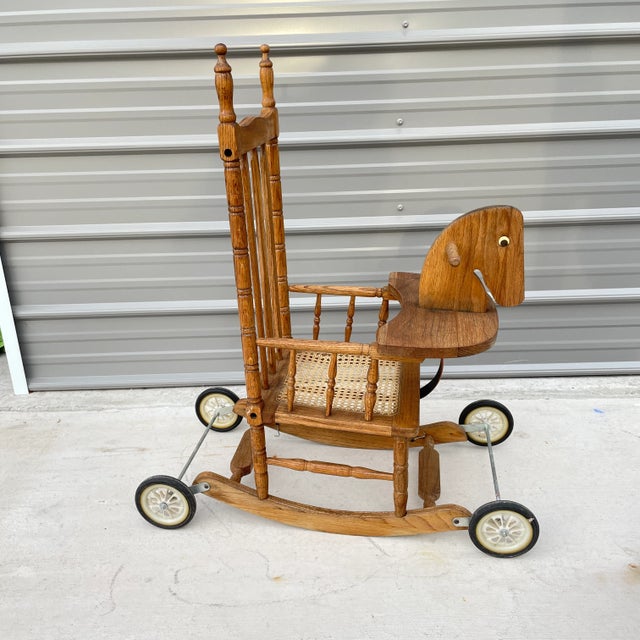Vintage Children’s Rocking Chair With Horse Head and Wheels For Sale - Image 4 of 11
