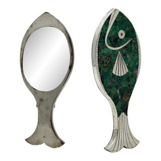 Emilia “Mimi” Castillo Taxco Malachite Silver Plate Fish Hand Mirror, 1970s For Sale