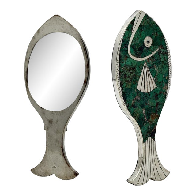 Emilia “Mimi” Castillo Taxco Malachite Silver Plate Fish Hand Mirror, 1970s For Sale