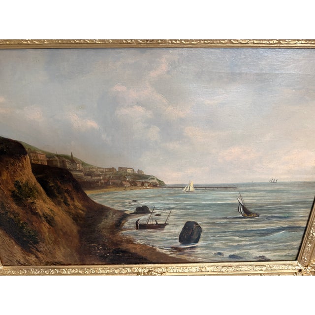 Antique 1881 Signed European Coastal Seascape Oil Painting Harbor Landscape - Signed For Sale - Image 11 of 15