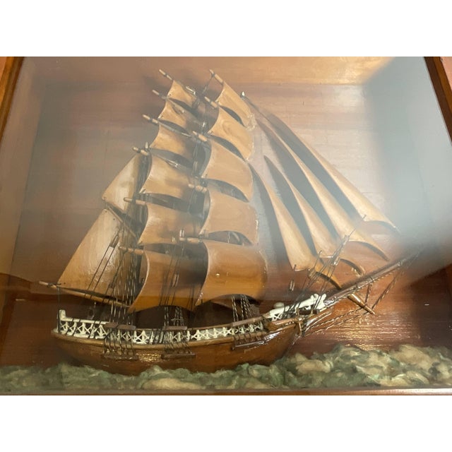 Brown Antique Shadowbox Ship Model For Sale - Image 8 of 12