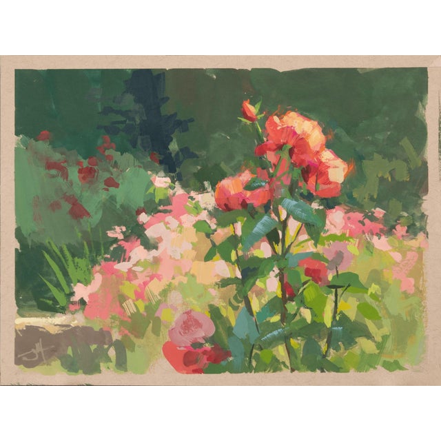 Rosebud by Judd Mercer | Gouache On Paper Painting of roses in a garden setting For Sale