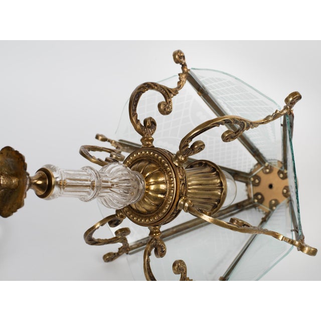 1950s Large Brass & Etched Glass Hall Lantern Ceiling Light For Sale - Image 9 of 12