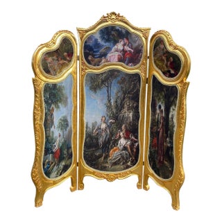 20thC French Louis XVI Gold Beech Scenic Room Divider Screen - 3 Panels For Sale