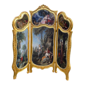 20thC French Louis XVI Gold Beech Scenic Room Divider Screen - 3 Panels