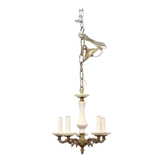 Mid-20th Century Italian Alabaster and Bronze Five-Light Chandelier For Sale