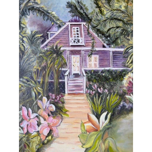 1970s Vintage B. Hurlbert Tropical House Entrance Oil Painting, Framed For Sale - Image 4 of 11