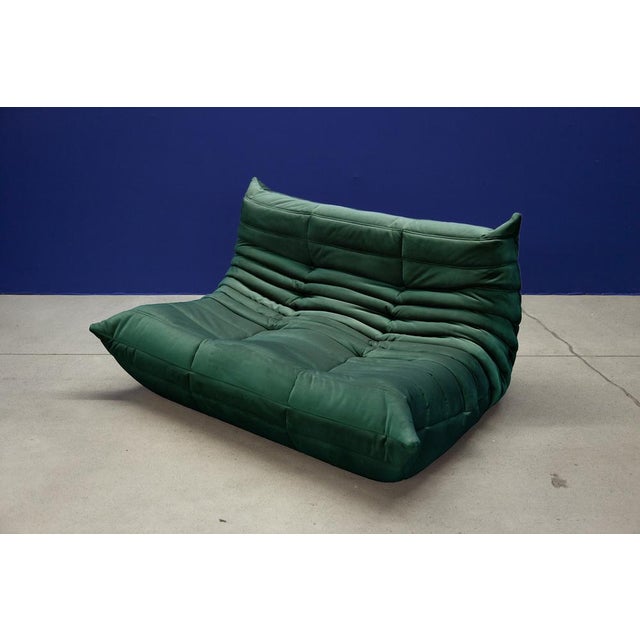 Ligne Roset Bottle Green Velvet Togo 2-Seat Sofa by Michel Ducaroy for Ligne Roset For Sale - Image 4 of 5