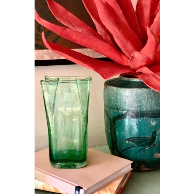 2009 Blenko Antique Green Paper Bag Blown Art Crackle Glass Vase American Mid-Century Modern Style. Original sandblasted...