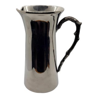 Late 20th Century Silver Tone Pewter Pitcher With Textured Twig Handle Decorative Water Carafe For Sale