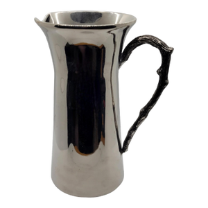 Late 20th Century Silver Tone Pewter Pitcher With Textured Twig Handle Decorative Water Carafe