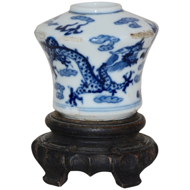 Blue and White Asian Ceramic Art Piece With Wooden Stand For Sale